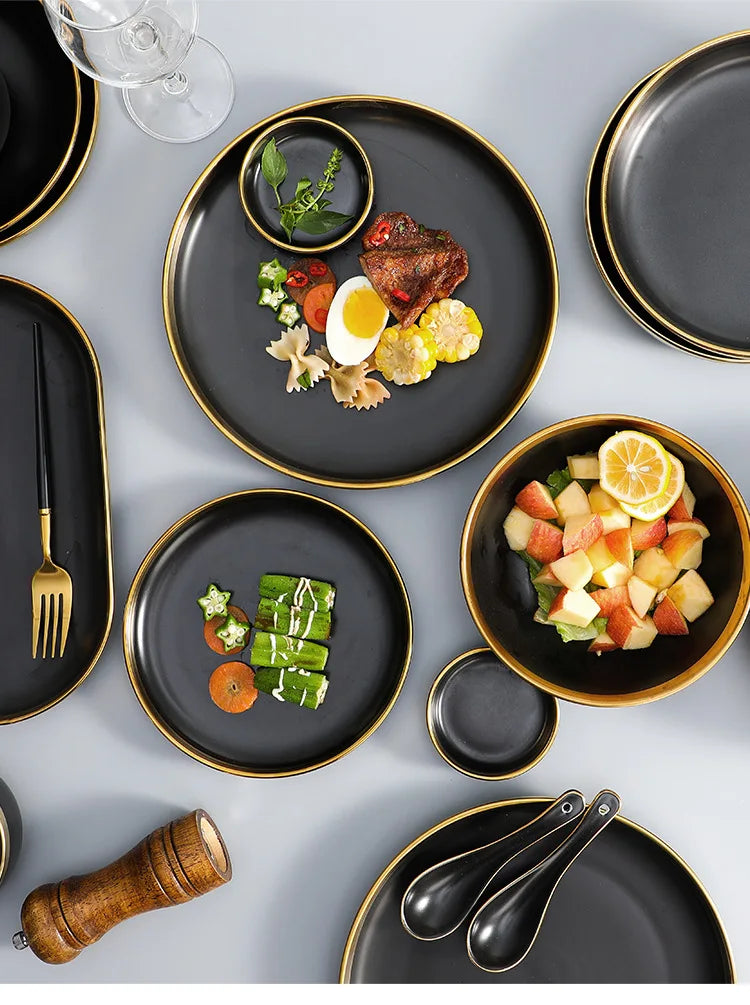Gilt Rim Black Porcelain Dinner Plates Set for Elegant Dining