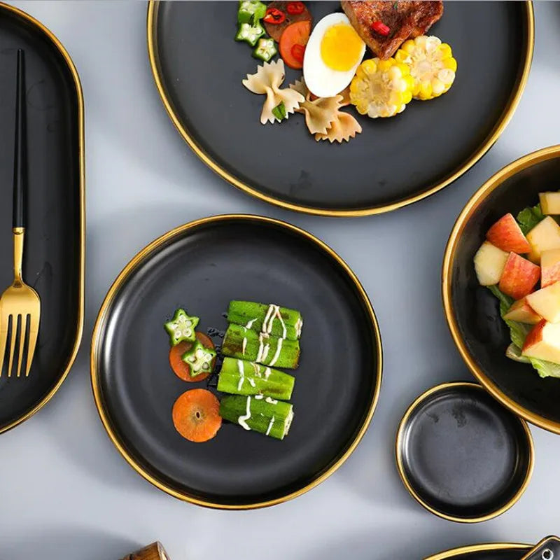 Gilt Rim Black Porcelain Dinner Plates Set for Elegant Dining