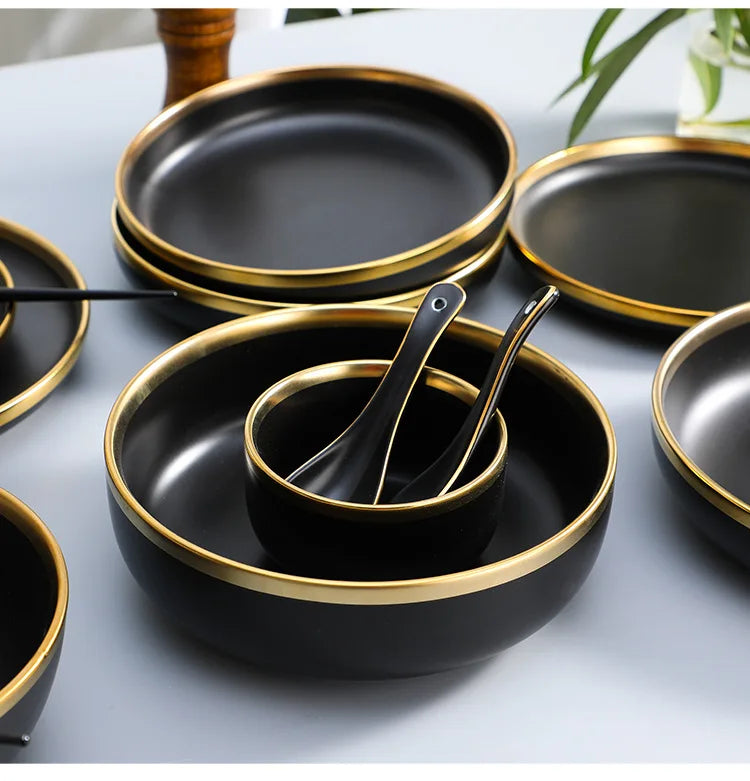 Gilt Rim Black Porcelain Dinner Plates Set for Elegant Dining