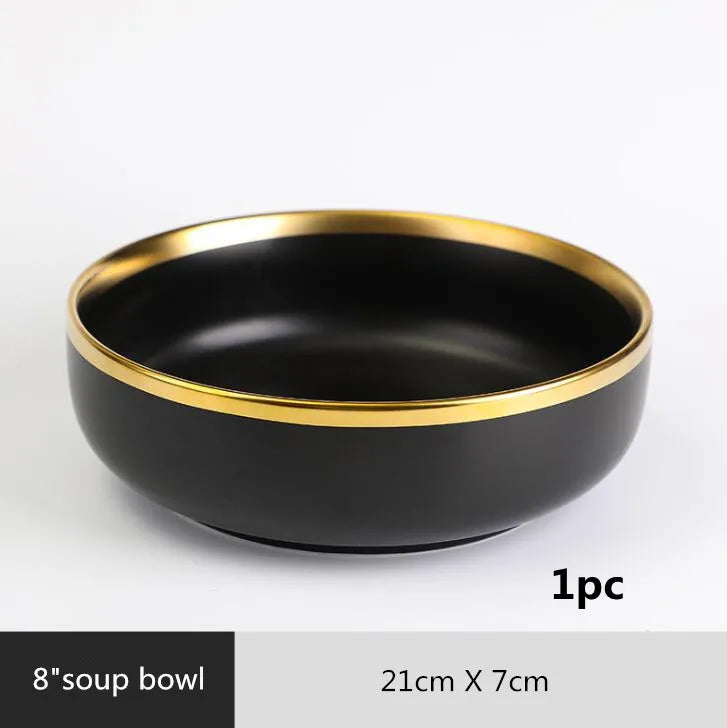 Gilt Rim Black Porcelain Dinner Plates Set for Elegant Dining