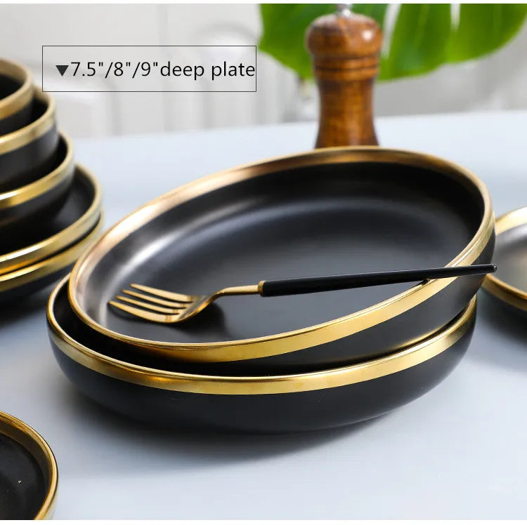 Gilt Rim Black Porcelain Dinner Plates Set for Elegant Dining