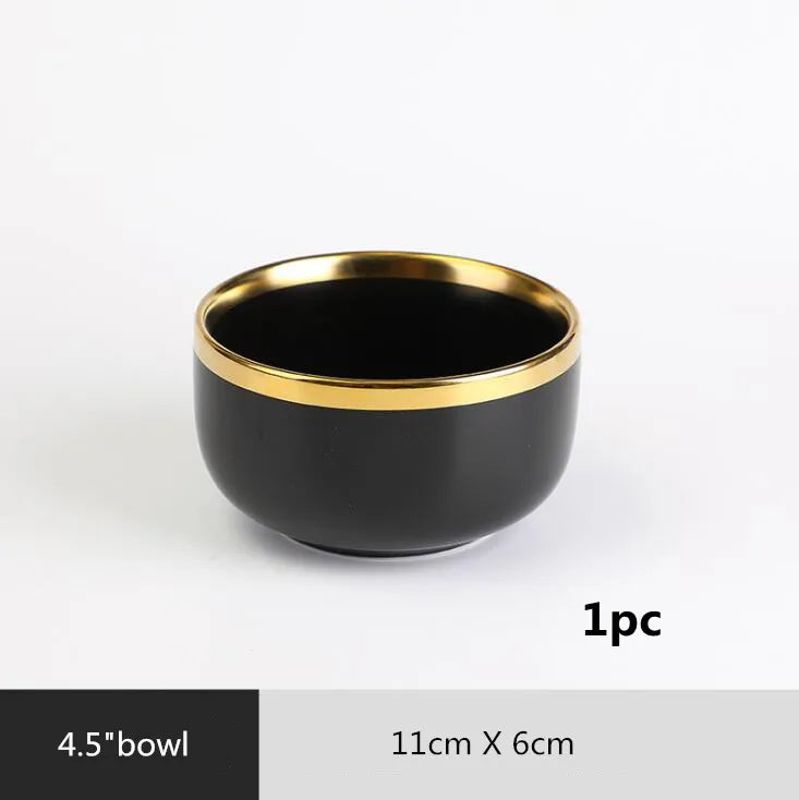 Gilt Rim Black Porcelain Dinner Plates Set for Elegant Dining