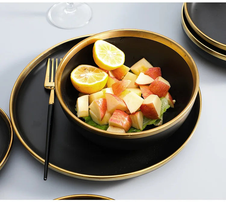 Gilt Rim Black Porcelain Dinner Plates Set for Elegant Dining