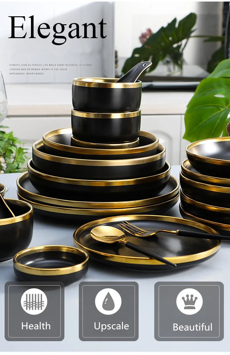Gilt Rim Black Porcelain Dinner Plates Set for Elegant Dining