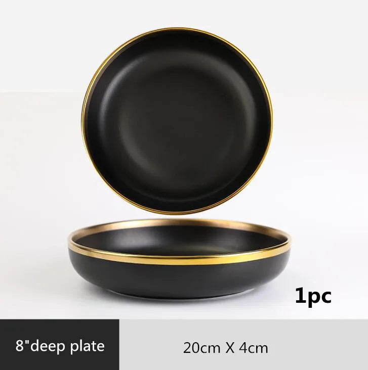 Gilt Rim Black Porcelain Dinner Plates Set for Elegant Dining