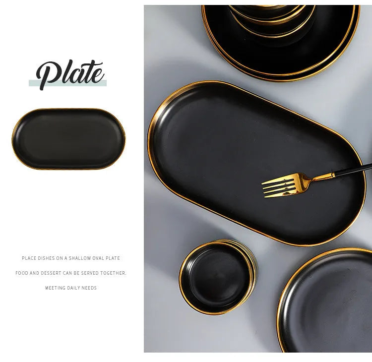 Gilt Rim Black Porcelain Dinner Plates Set for Elegant Dining