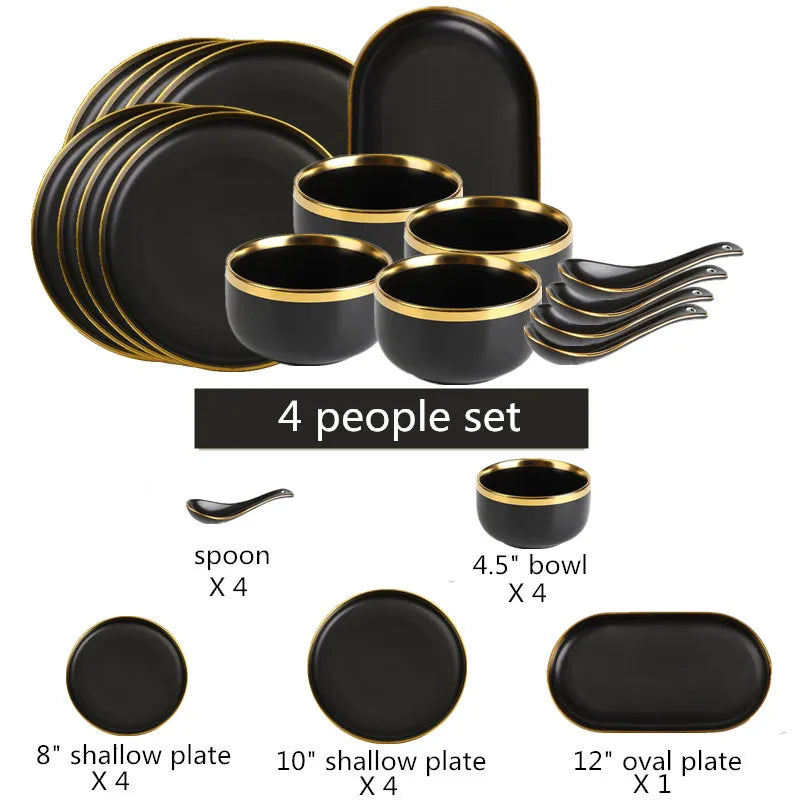 Gilt Rim Black Porcelain Dinner Plates Set for Elegant Dining