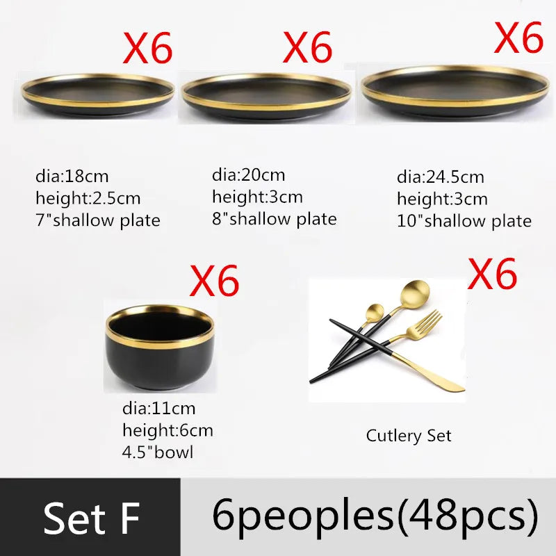Gilt Rim Black Porcelain Dinner Plates Set for Elegant Dining