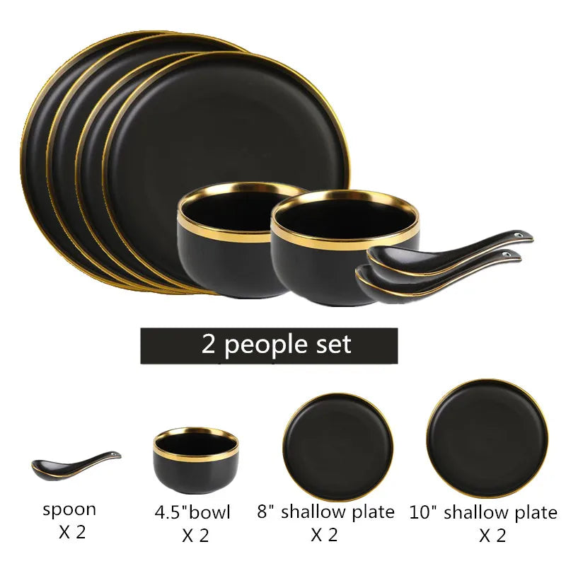 Gilt Rim Black Porcelain Dinner Plates Set for Elegant Dining