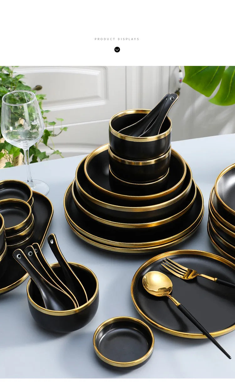 Gilt Rim Black Porcelain Dinner Plates Set for Elegant Dining