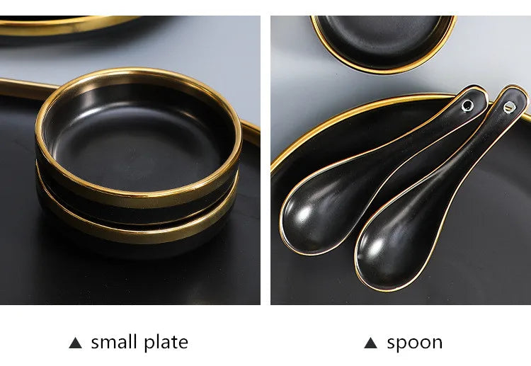 Gilt Rim Black Porcelain Dinner Plates Set for Elegant Dining