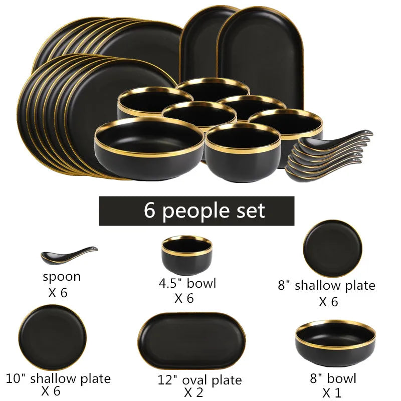 Gilt Rim Black Porcelain Dinner Plates Set for Elegant Dining