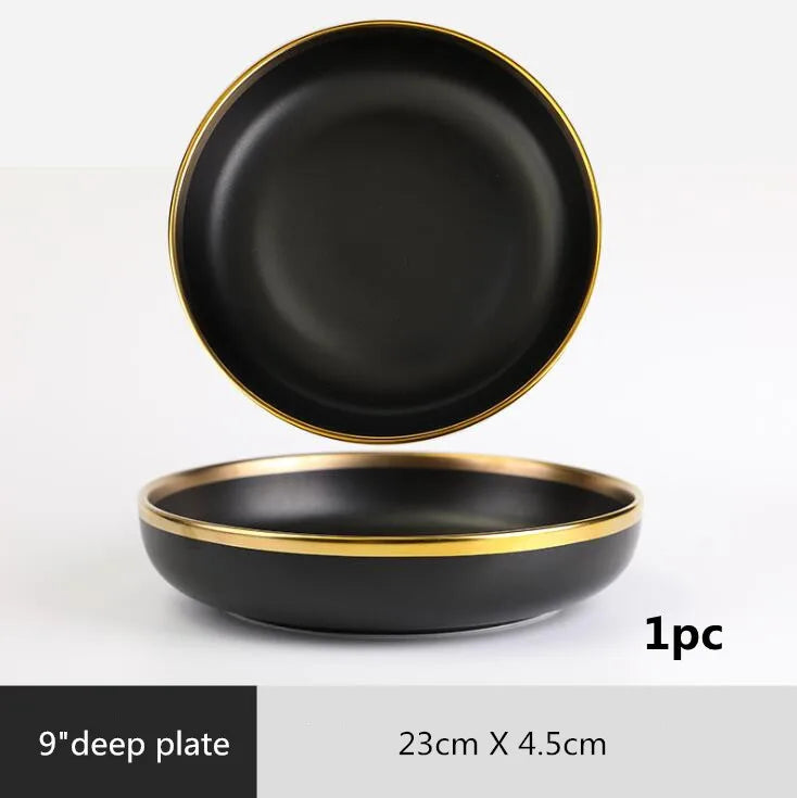 Gilt Rim Black Porcelain Dinner Plates Set for Elegant Dining