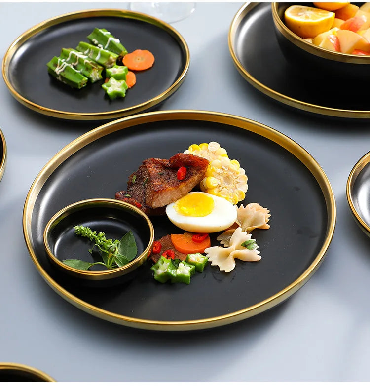 Gilt Rim Black Porcelain Dinner Plates Set for Elegant Dining