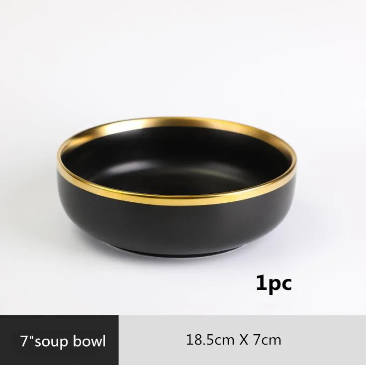 Gilt Rim Black Porcelain Dinner Plates Set for Elegant Dining