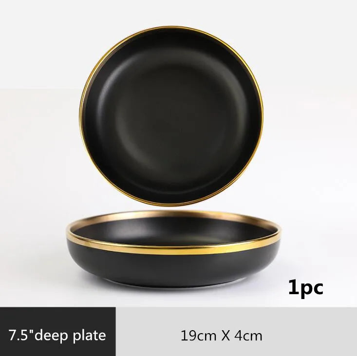 Gilt Rim Black Porcelain Dinner Plates Set for Elegant Dining