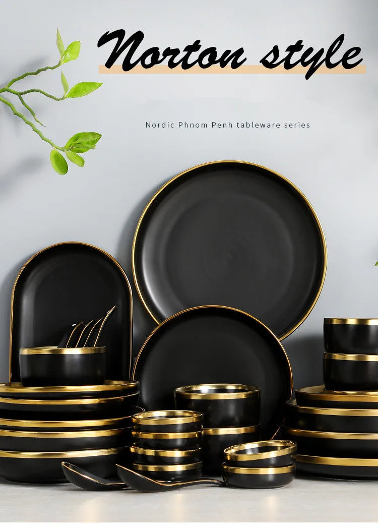 Gilt Rim Black Porcelain Dinner Plates Set for Elegant Dining