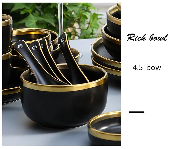 Gilt Rim Black Porcelain Dinner Plates Set for Elegant Dining