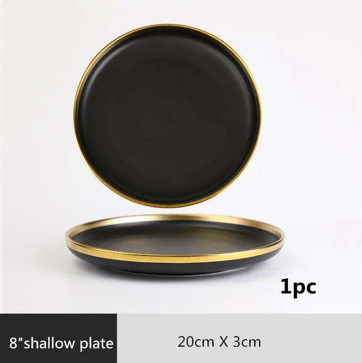 Gilt Rim Black Porcelain Dinner Plates Set for Elegant Dining