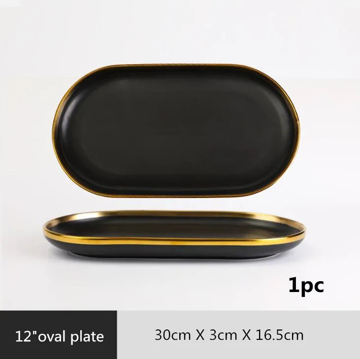 Gilt Rim Black Porcelain Dinner Plates Set for Elegant Dining