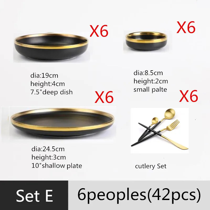 Gilt Rim Black Porcelain Dinner Plates Set for Elegant Dining