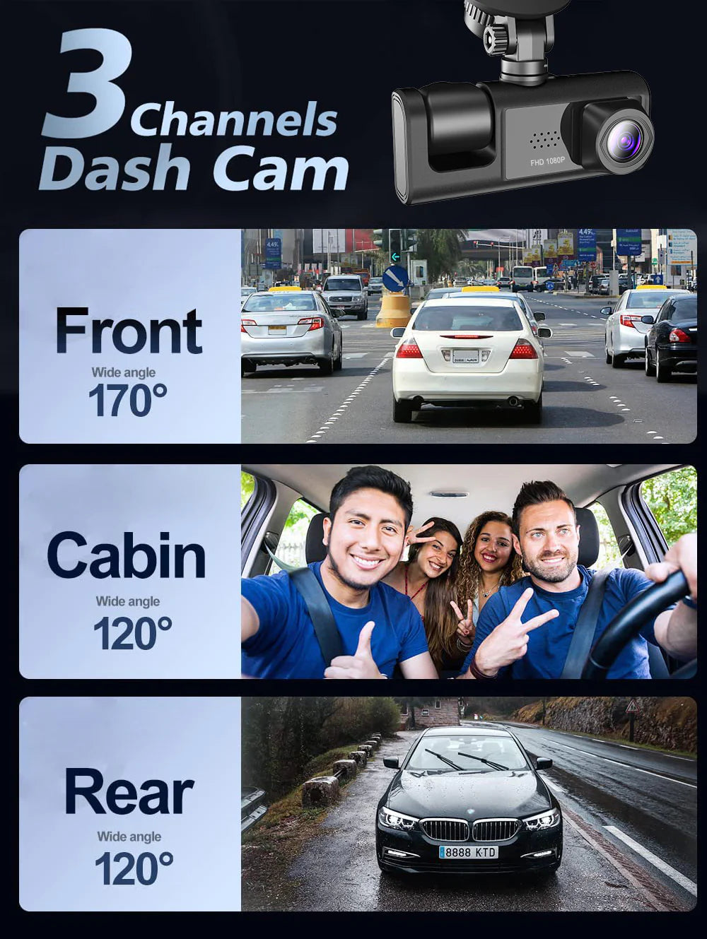 Car Dual Lens Dash Cam HD 1080P Front Rear Inside G-Sensor