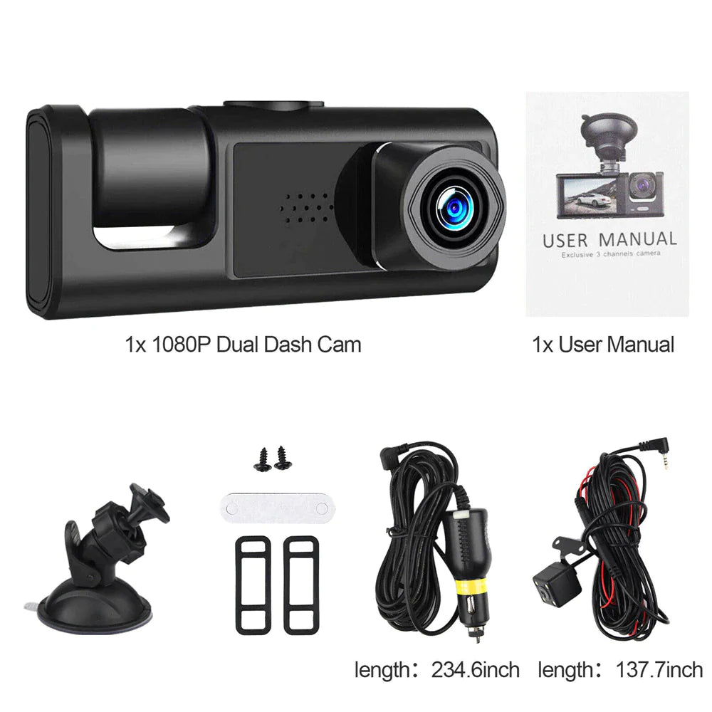 Car Dual Lens Dash Cam HD 1080P Front Rear Inside G-Sensor