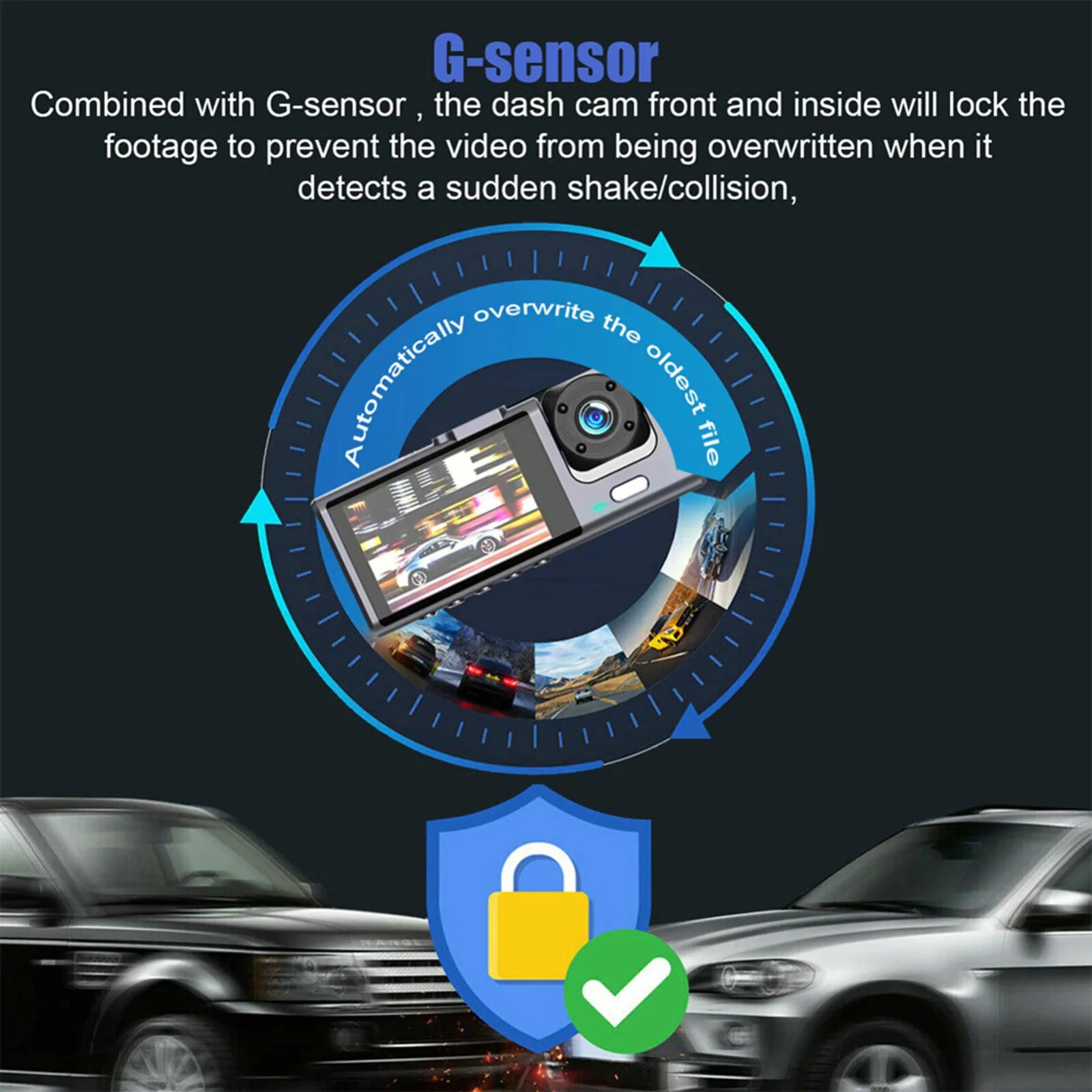 Car Dual Lens Dash Cam HD 1080P Front Rear Inside G-Sensor