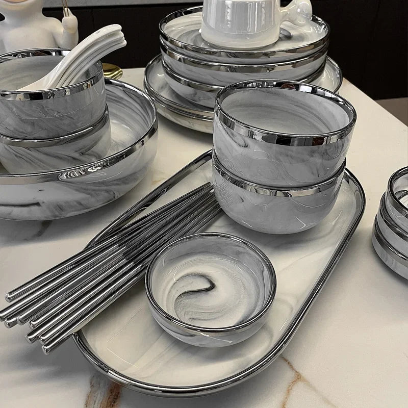 Marble Patterned Light Luxury Silver Edged Tableware Set