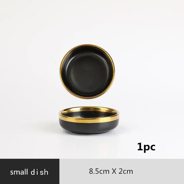 Gilt Rim Black Porcelain Dinner Plates Set for Elegant Dining