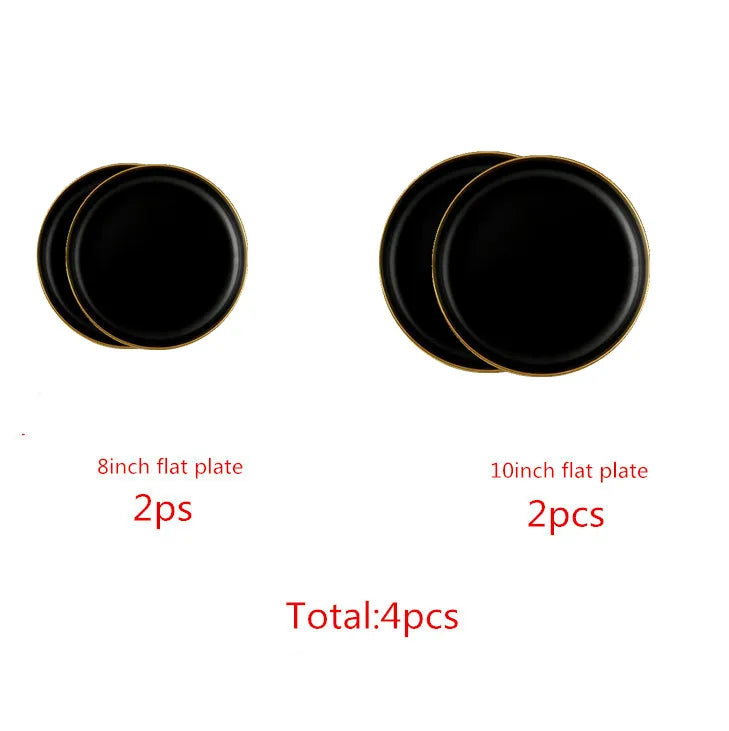 Gilt Rim Black Porcelain Dinner Plates Set for Elegant Dining