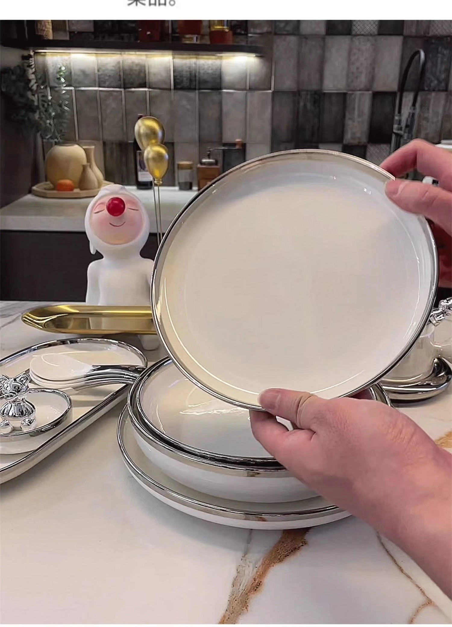 Marble Patterned Light Luxury Silver Edged Tableware Set