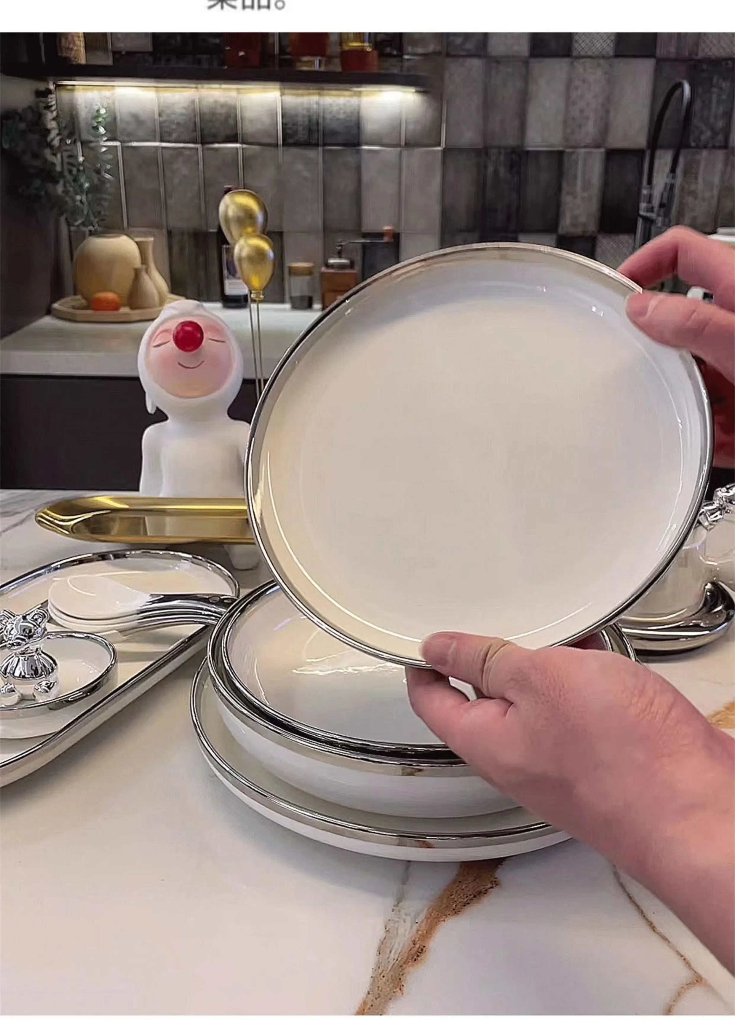 Marble Patterned Light Luxury Silver Edged Tableware Set