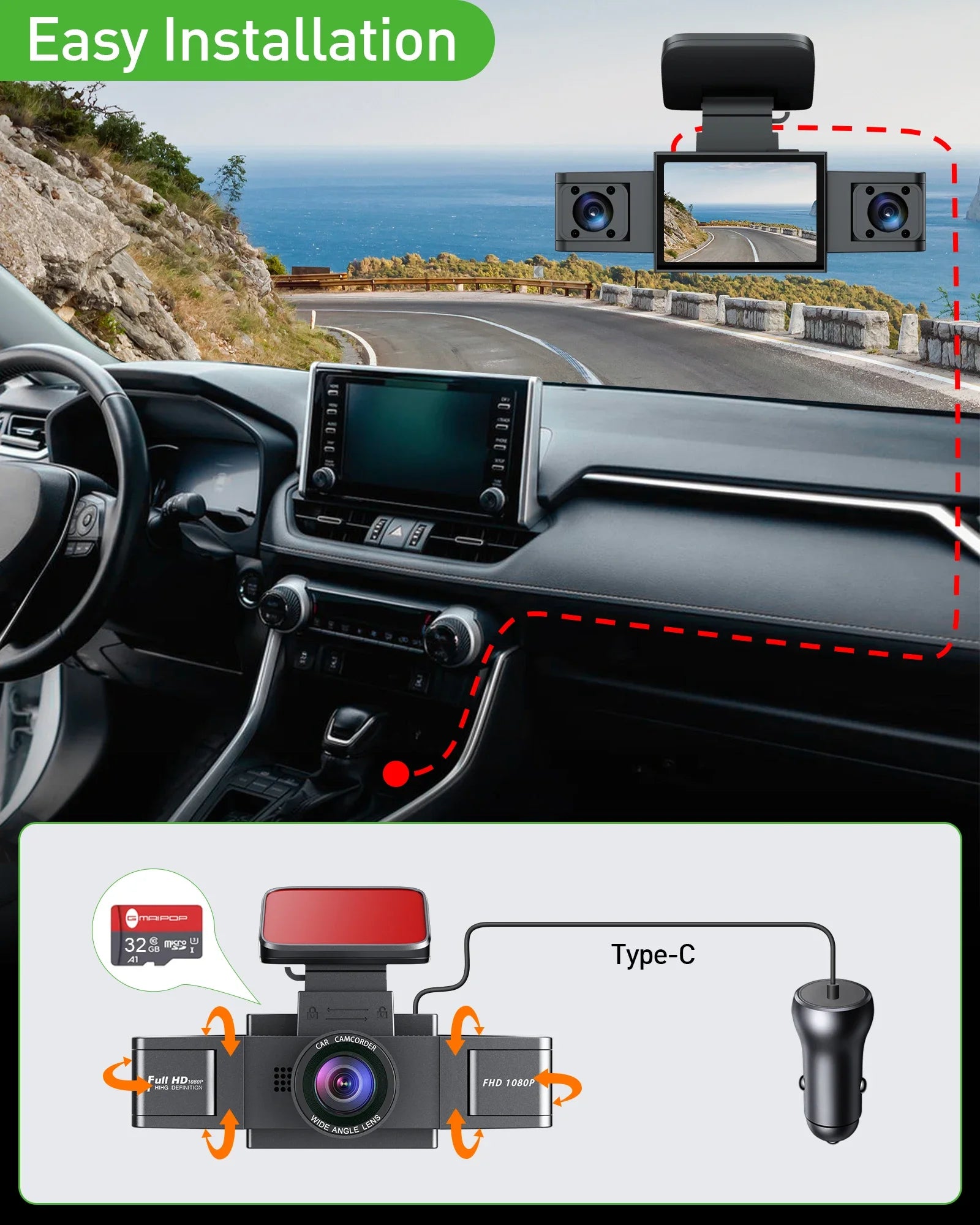 3 Channel Dash Cam Video Recorder with 24H Parking Monitor