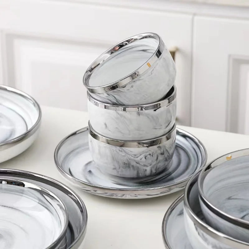 Nordic Style Silver Inlay Ceramic Dinnerware Set For Hotels