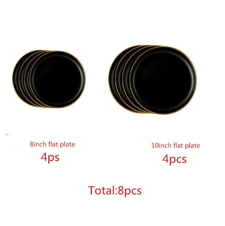 Gilt Rim Black Porcelain Dinner Plates Set for Elegant Dining