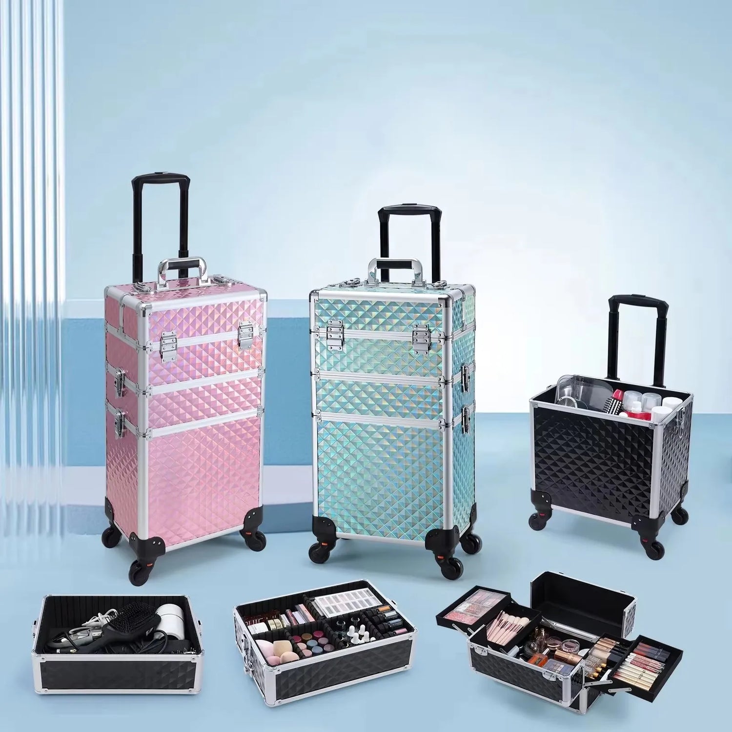 Rolling Makeup Case 3 In 1 Large Capacity Trolley