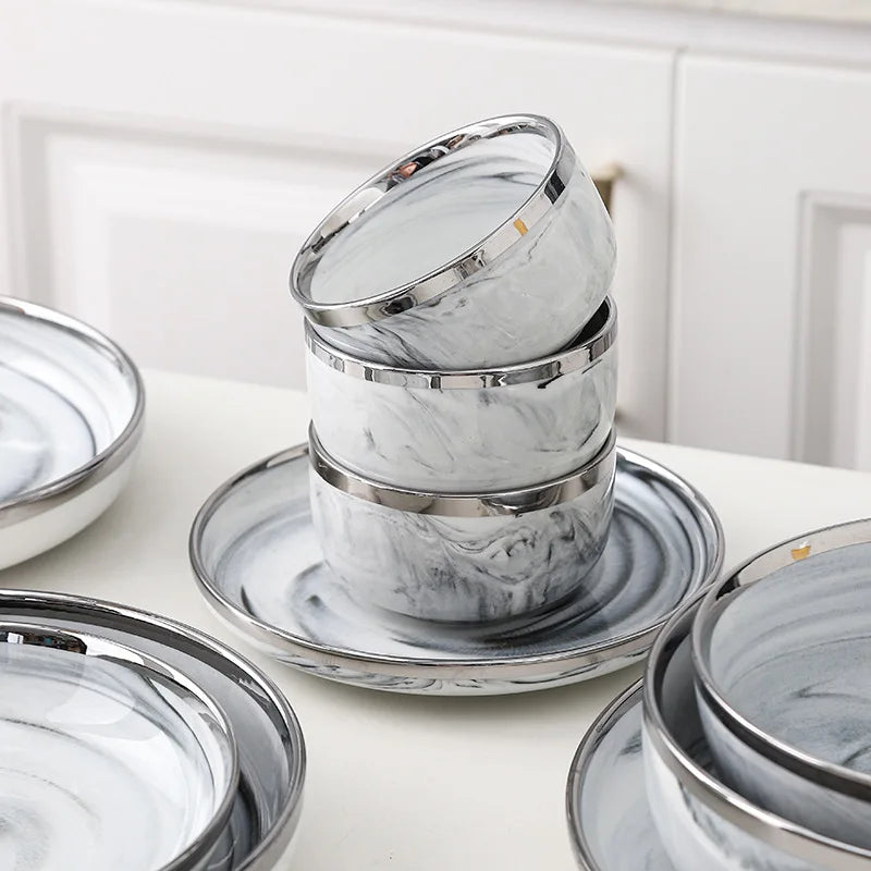 Nordic Style Silver Inlay Ceramic Dinnerware Set For Hotels