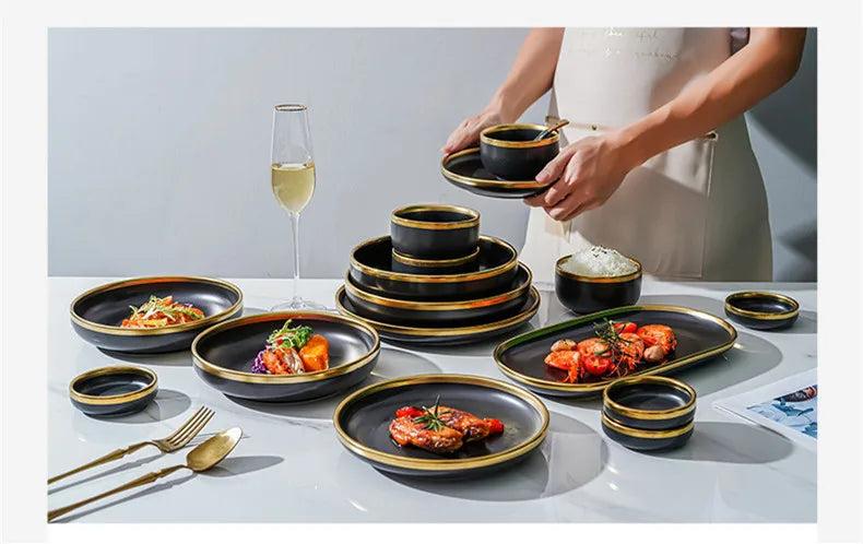 Gilt Rim Black Porcelain Dinner Plates Set for Elegant Dining