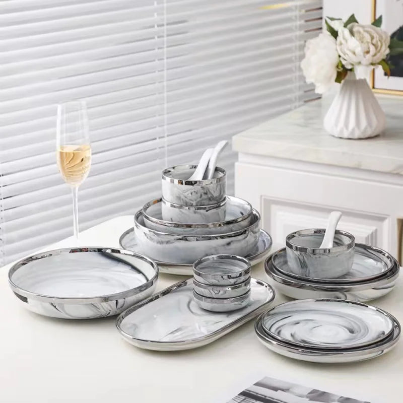 Nordic Style Silver Inlay Ceramic Dinnerware Set For Hotels