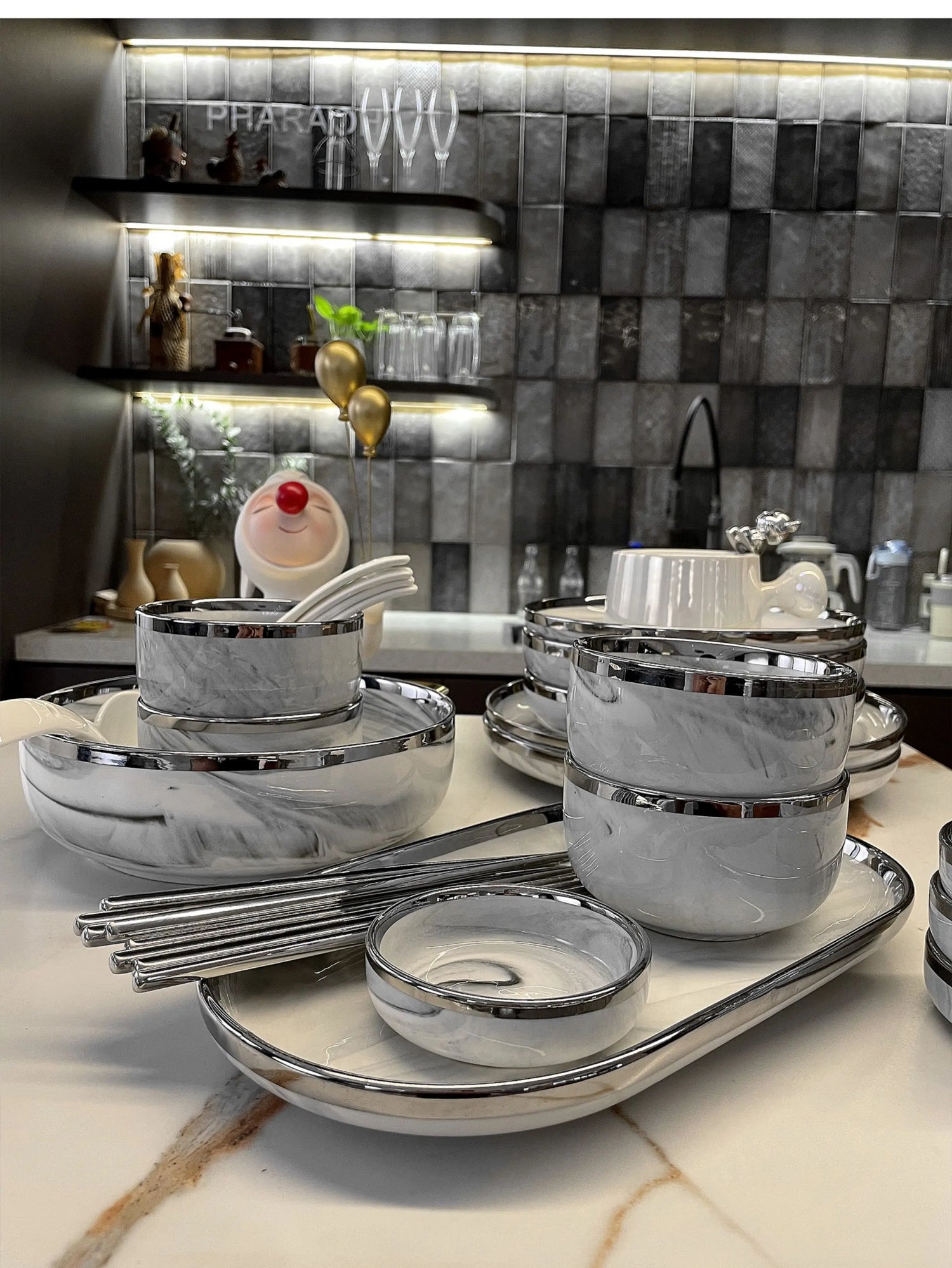 Marble Patterned Light Luxury Silver Edged Tableware Set