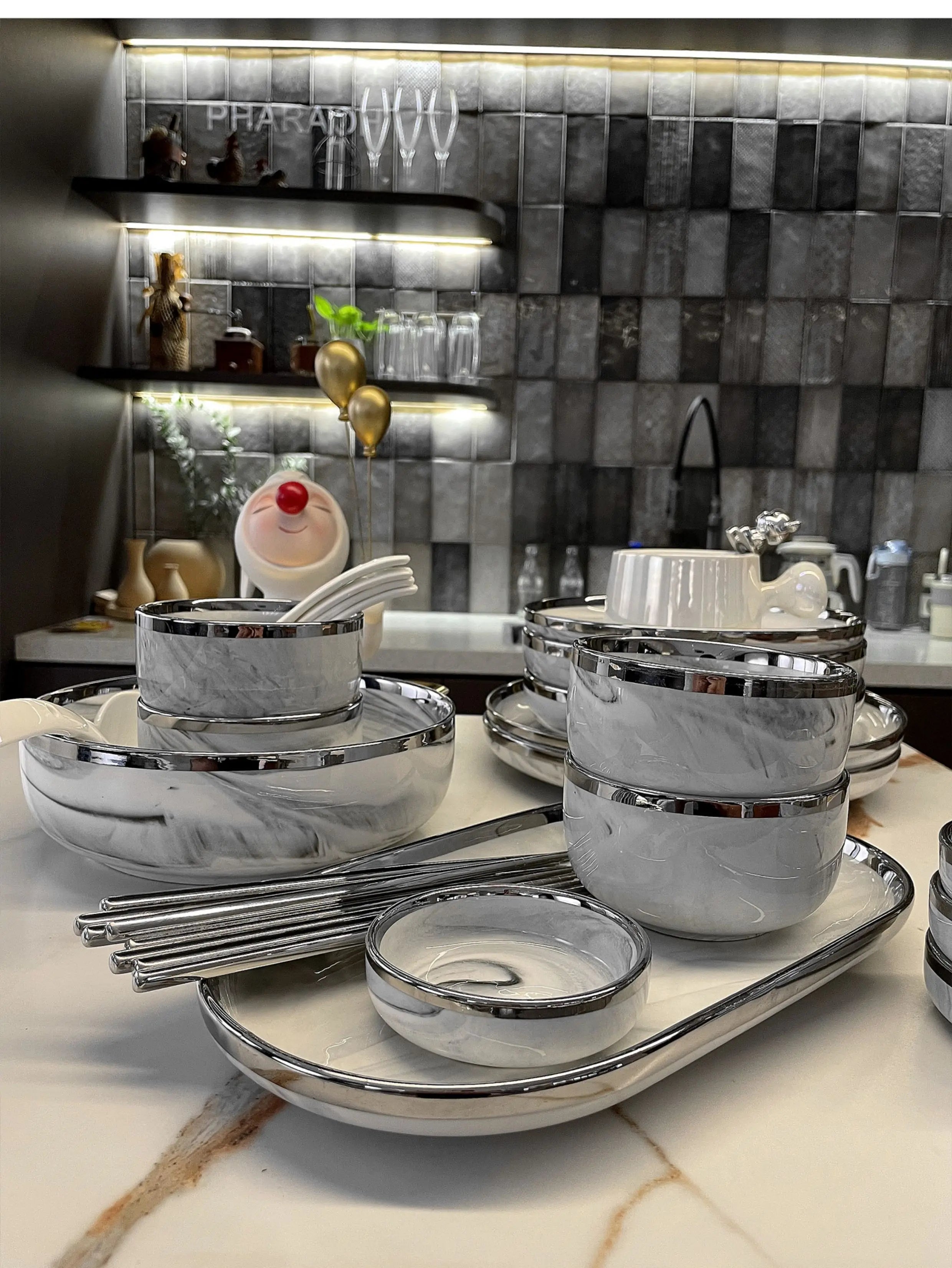 Marble Patterned Light Luxury Silver Edged Tableware Set