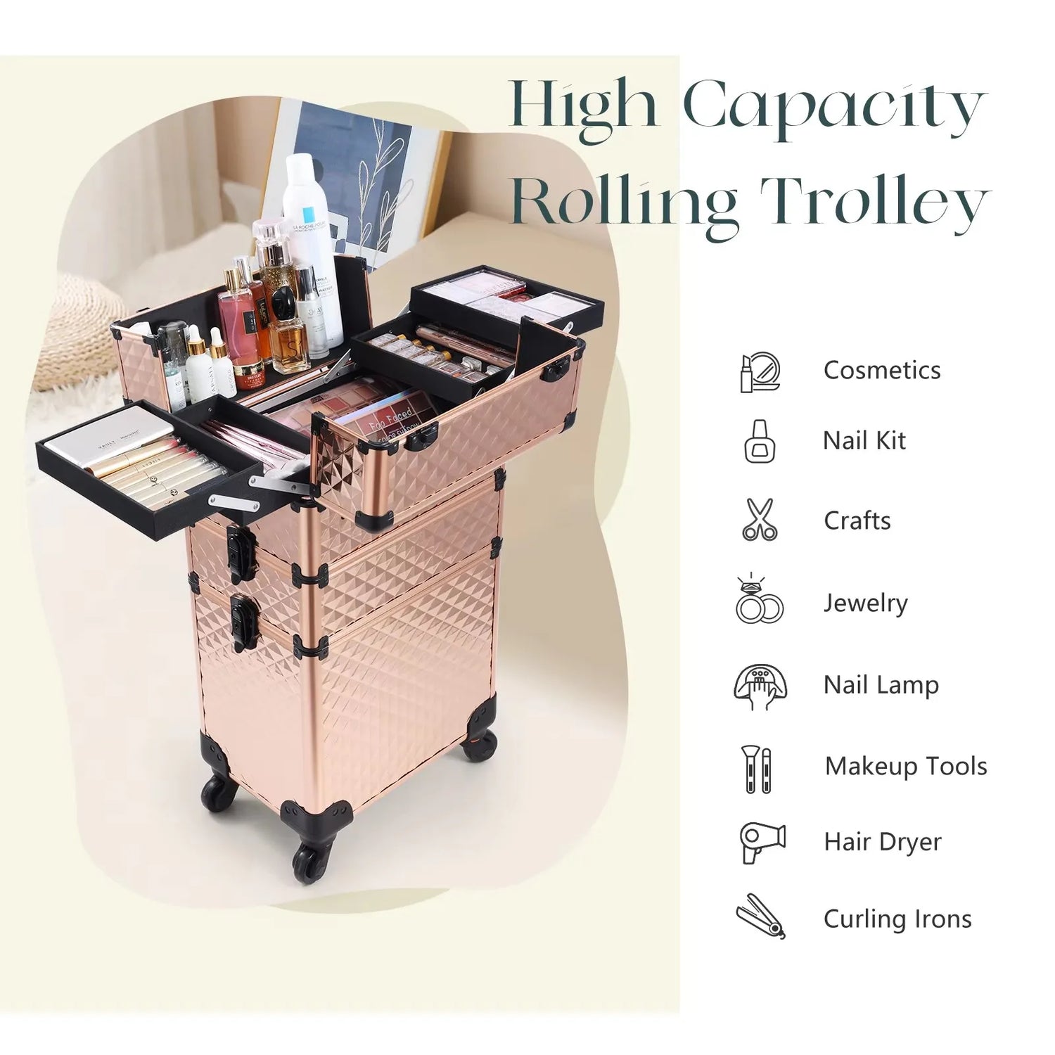 Rolling Makeup Case 3 In 1 Large Capacity Trolley