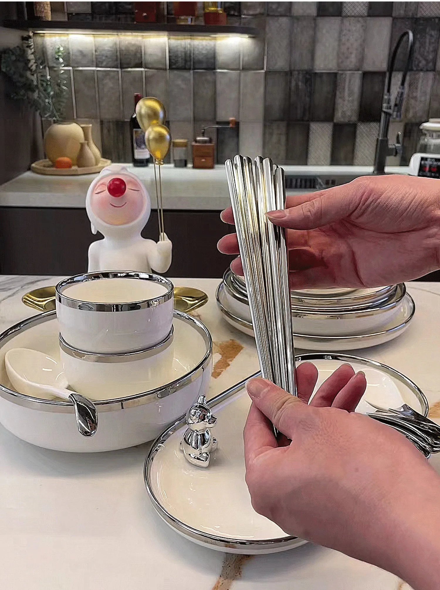 Marble Patterned Light Luxury Silver Edged Tableware Set