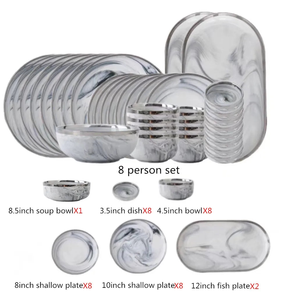 Nordic Style Silver Inlay Ceramic Dinnerware Set For Hotels