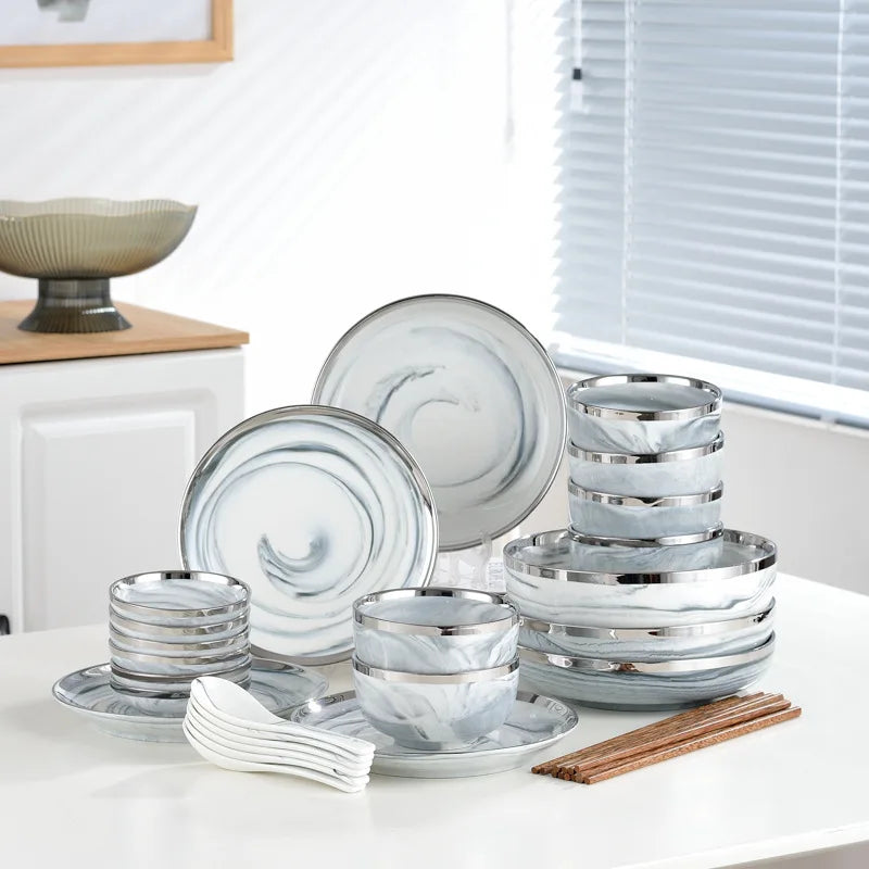 Nordic Style Silver Inlay Ceramic Dinnerware Set For Hotels