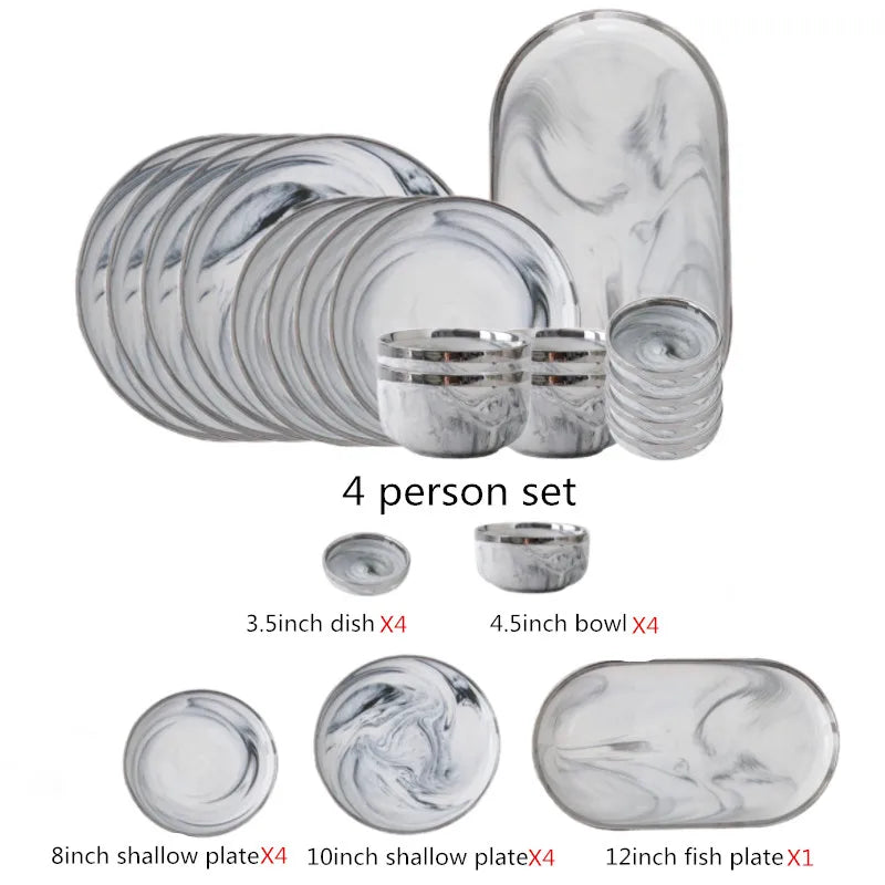 Nordic Style Silver Inlay Ceramic Dinnerware Set For Hotels