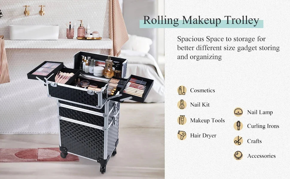 Rolling Makeup Case 3 In 1 Large Capacity Trolley