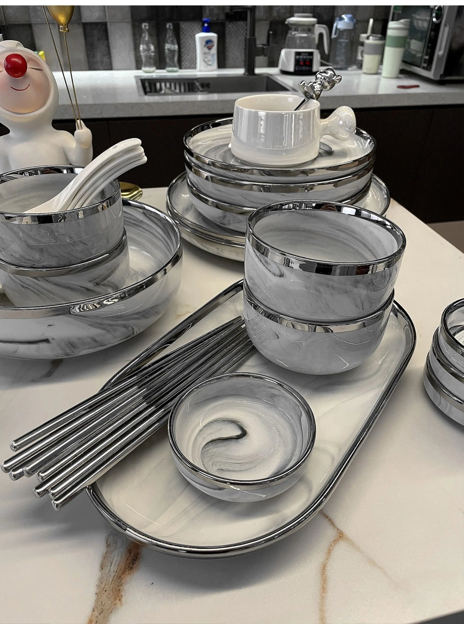 Marble Patterned Light Luxury Silver Edged Tableware Set