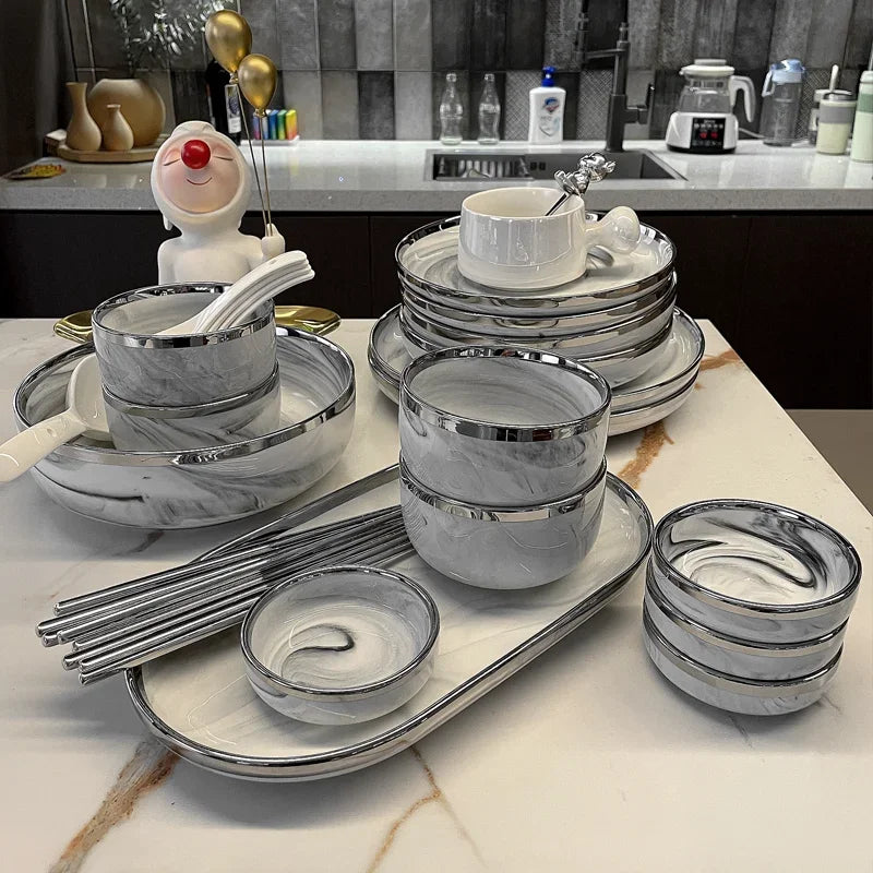 Marble Patterned Light Luxury Silver Edged Tableware Set